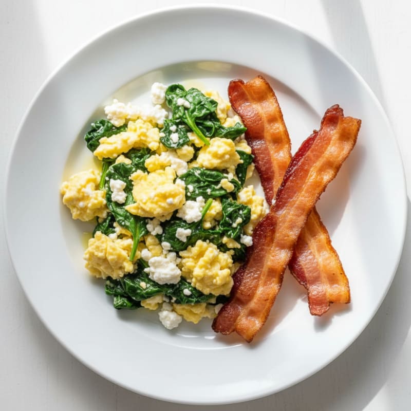 Cottage Cheese Egg Scramble with Spinach and Turkey Bacon