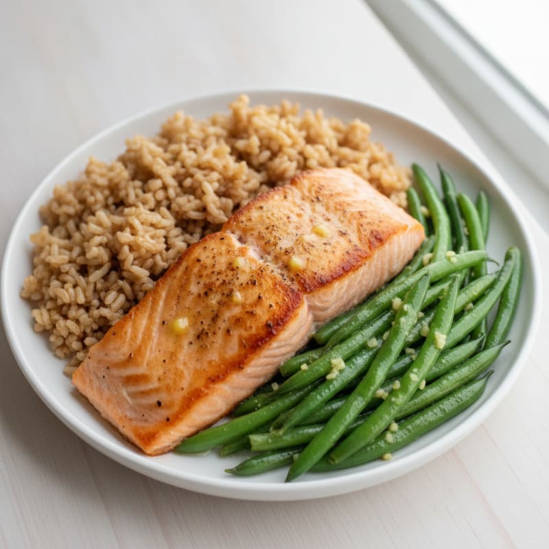 Seared Salmon with Garlic Green Beans and Brown Rice