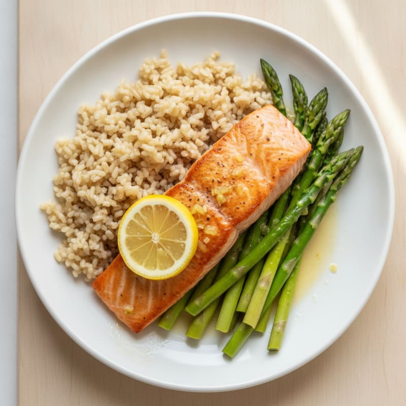 Seared Salmon with Steamed Asparagus and Brown Rice