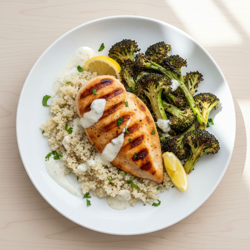 Grilled Citrus-Garlic Chicken Breast with Quinoa and Roasted Broccoli