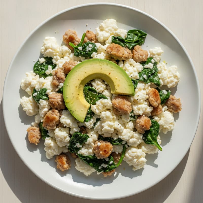 Egg White and Turkey Sausage Scramble with Sautéed Spinach