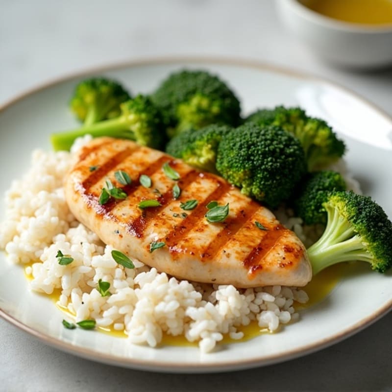 Grilled Chicken Breast with Steamed Rice and Roasted Broccoli