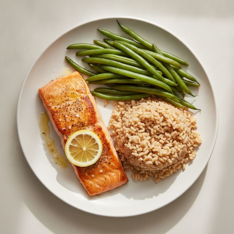 Seared Salmon with Steamed Green Beans and Brown Rice