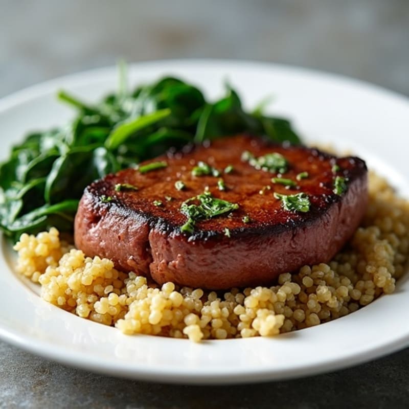 Seared Beef Liver Steak with Sautéed Spinach and Quinoa