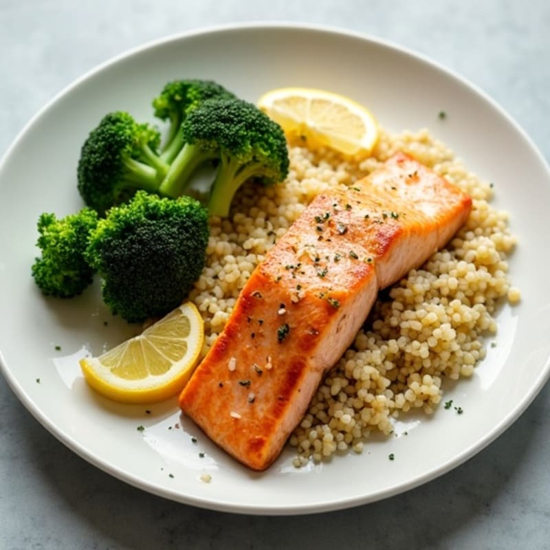 Seared Salmon with Steamed Broccoli and Lemon Quinoa