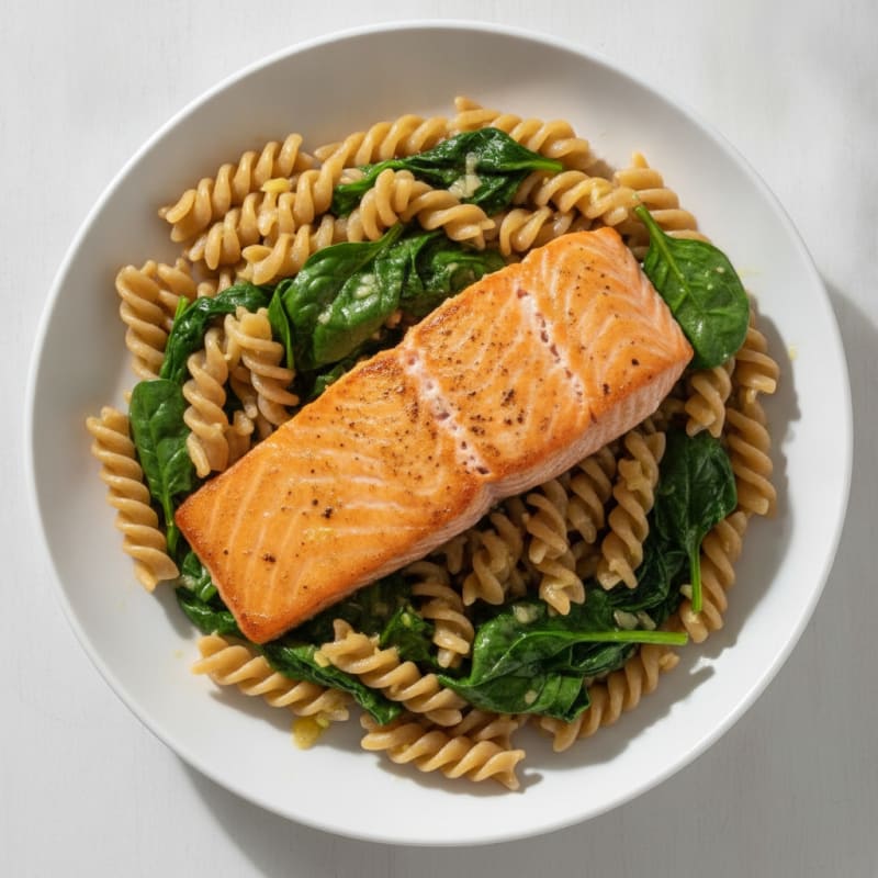 Seared Salmon with Garlic Spinach and Lemon Butter Pasta