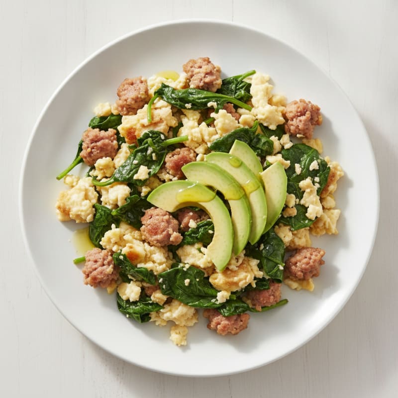 Egg White and Turkey Sausage Scramble with Sautéed Spinach