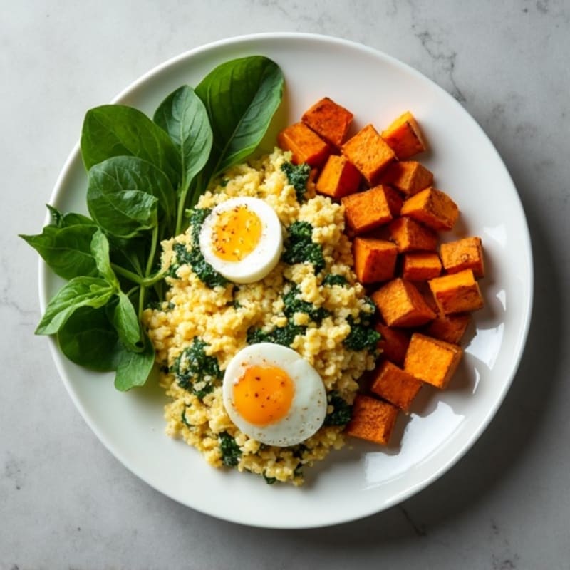 Egg White and Turkey Spinach Scramble with Roasted Sweet Potato