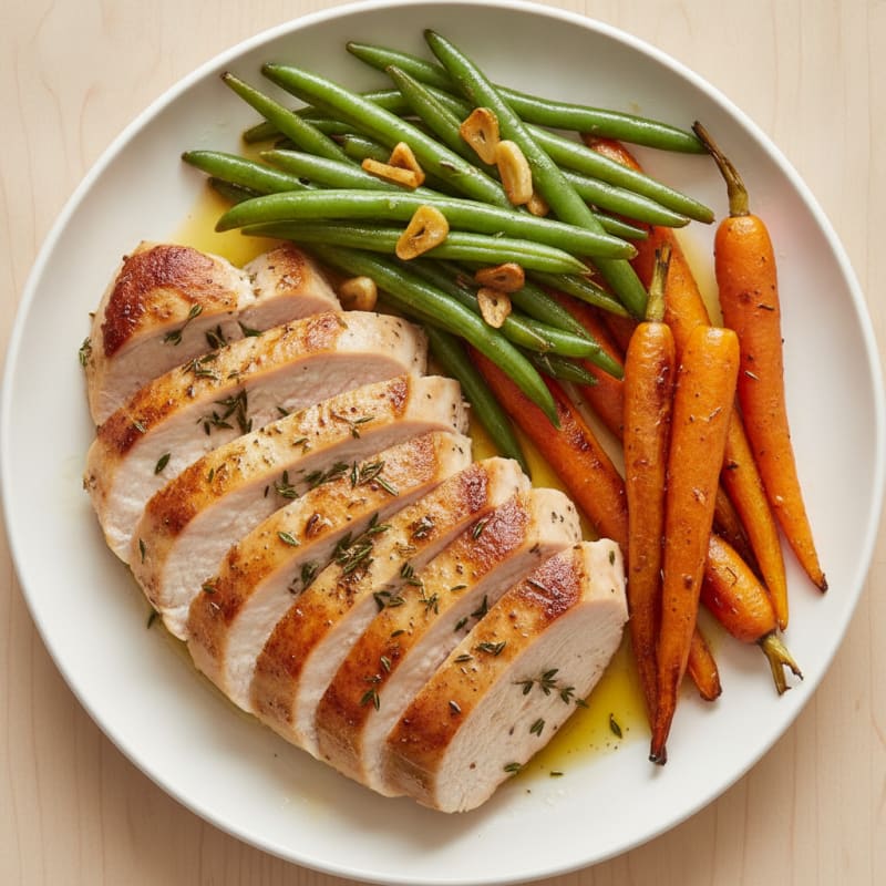 Seared Turkey Breast with Garlic Green Beans and Roasted Carrots