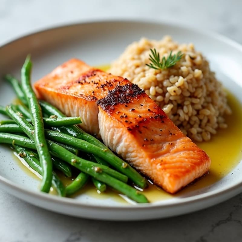 Seared Salmon Fillet with Garlic Green Beans and Brown Rice