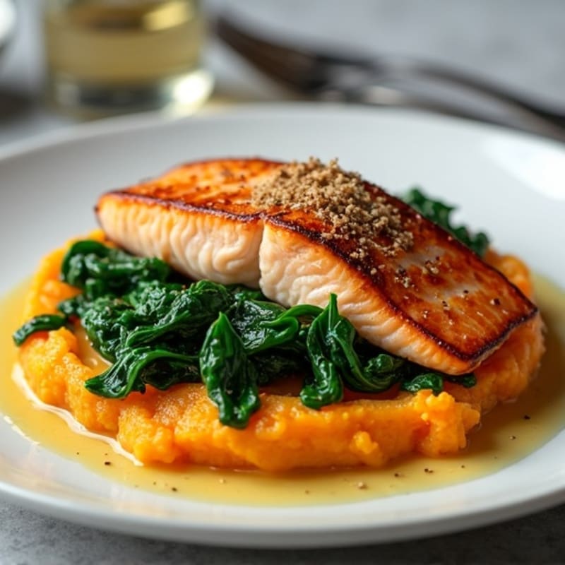 Seared Salmon with Garlic Sautéed Spinach and Sweet Potato Mash