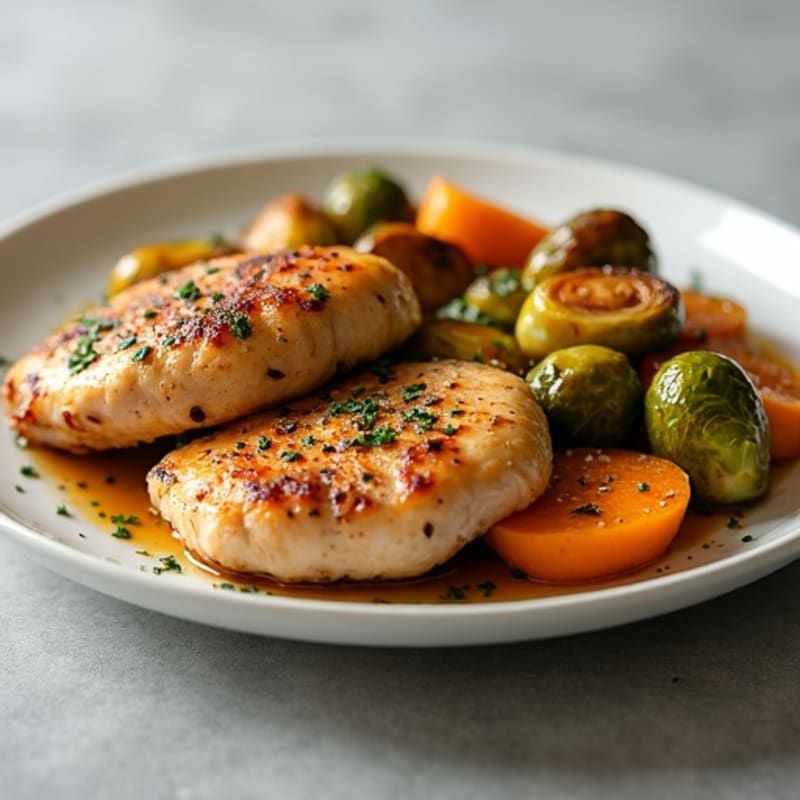 Roasted Chicken with Crispy Brussels Sprouts and Sweet Potatoes