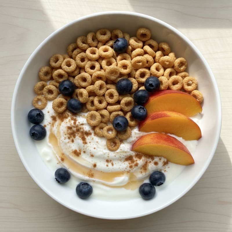 Blueberry Peach Cheerios Bowl with Whole Milk