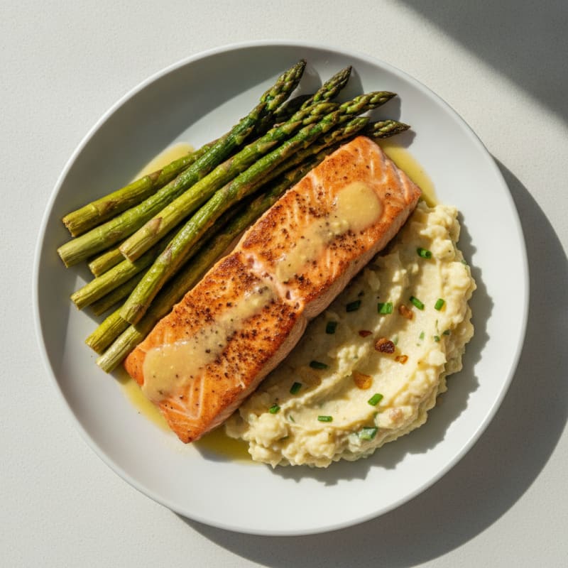 Seared Salmon with Roasted Asparagus and Cauliflower Mash