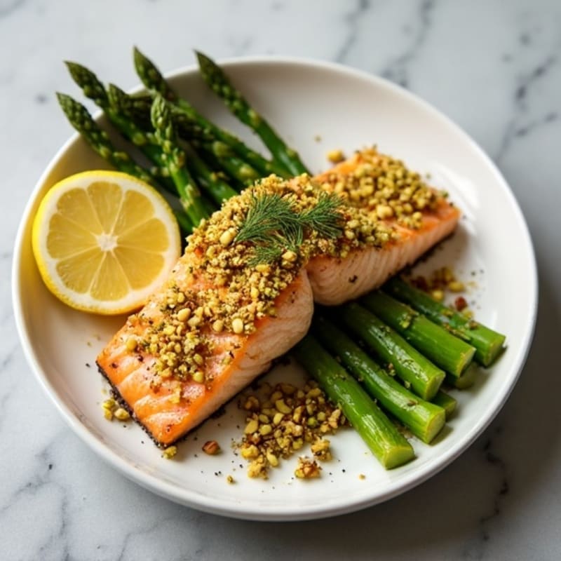 Crispy Pistachio-Crusted Salmon with Lemon-Dill Roasted Asparagus