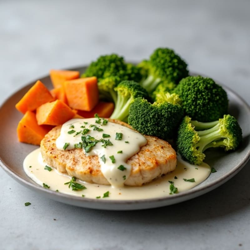 Creamy Garlic Chicken with Roasted Broccoli and Sweet Potato