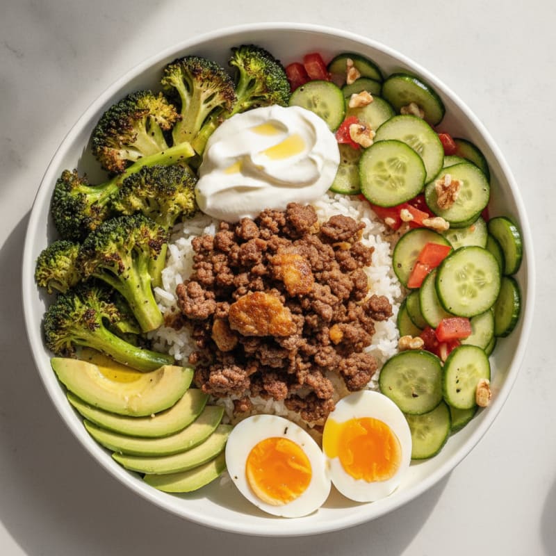 Seared Ground Beef and Rice Bowl with Roasted Broccoli and Cucumber Salad