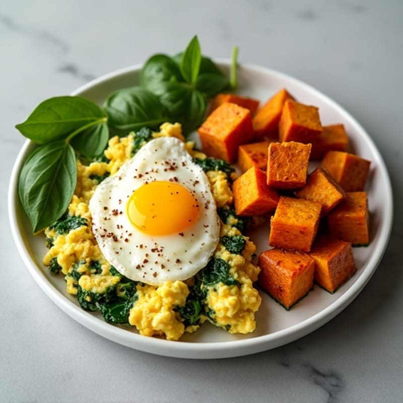 Protein-Packed Egg and Spinach Scramble with Crispy Sweet Potato Hash