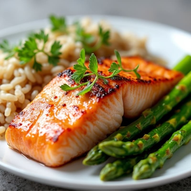 Seared Salmon with Steamed Asparagus and Brown Rice