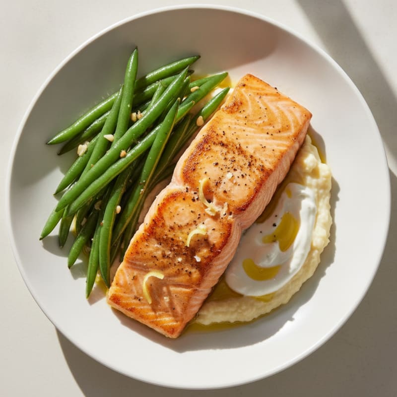 Seared Salmon Fillet with Garlic Green Beans and Cauliflower Mash