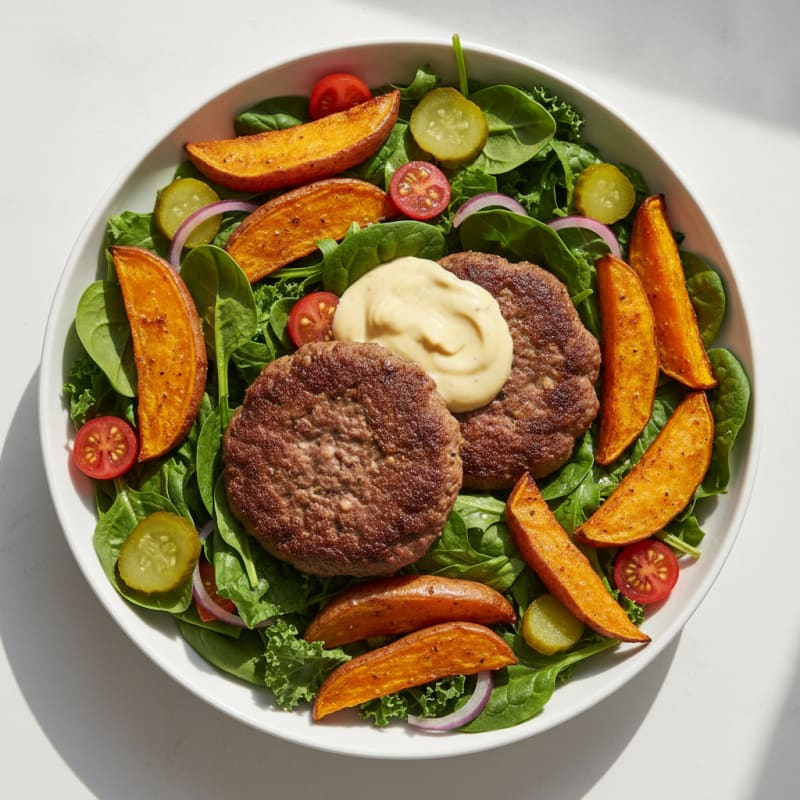 Lean Beef Burger Bowl with Roasted Sweet Potatoes