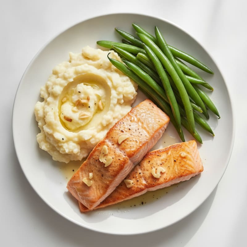 Seared Salmon with Steamed Green Beans and Mashed Cauliflower