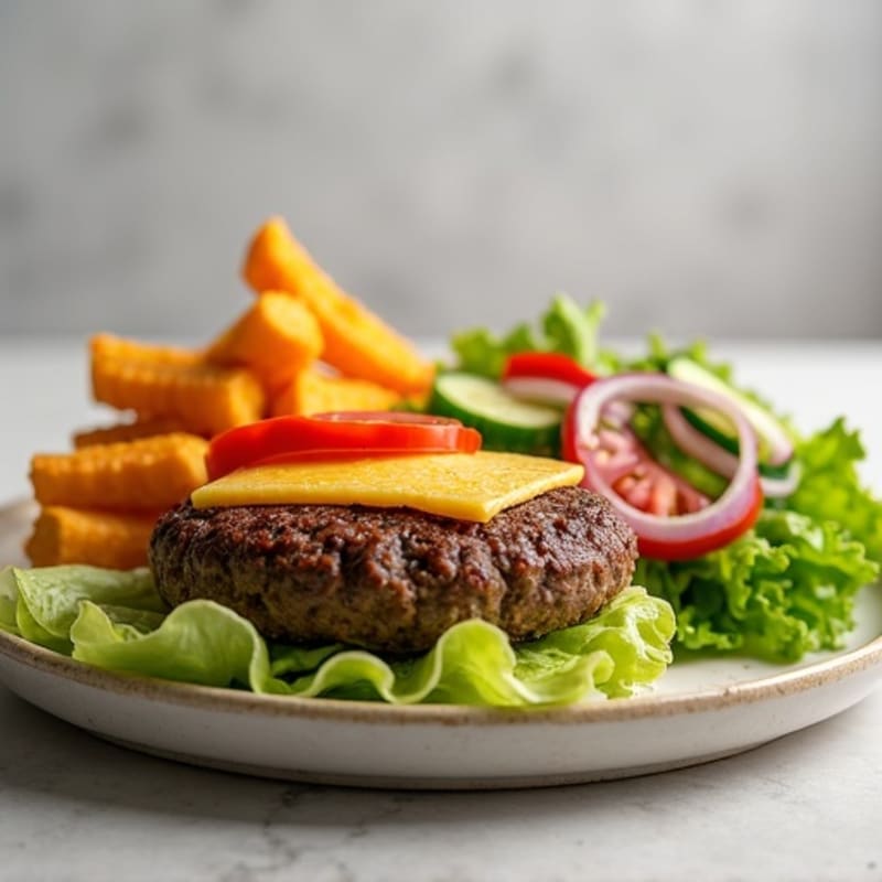 Lean Beef Burger with Crispy Sweet Potato Fries and Fresh Garden Salad