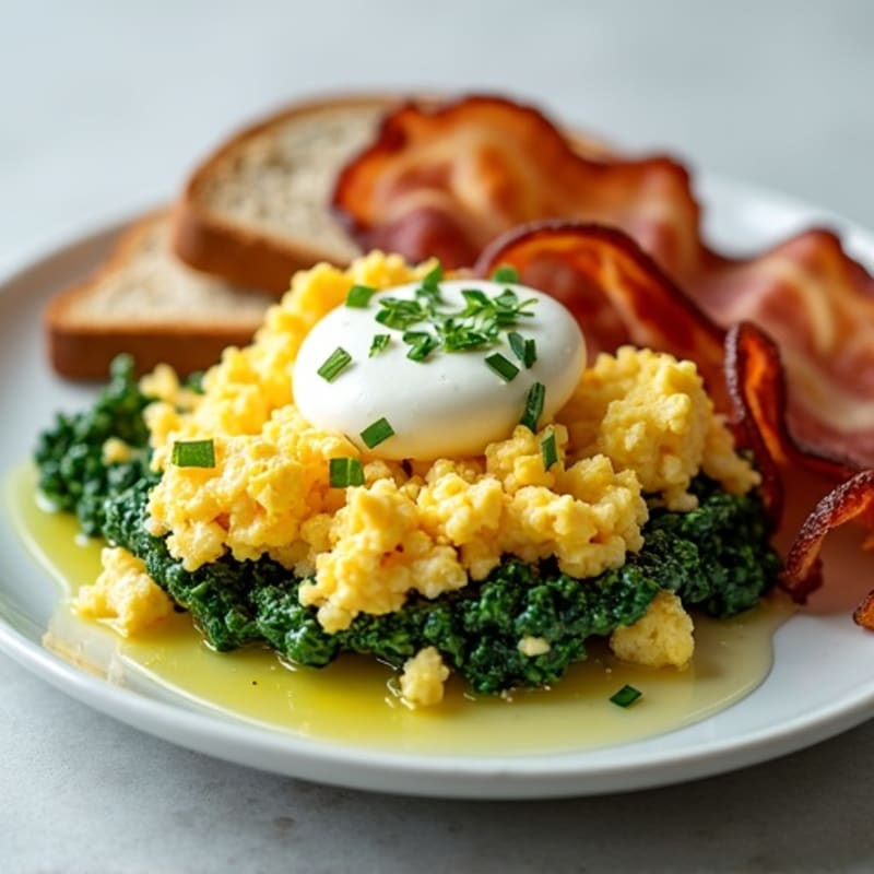 Egg White and Spinach Scramble with Cottage Cheese and Turkey Bacon