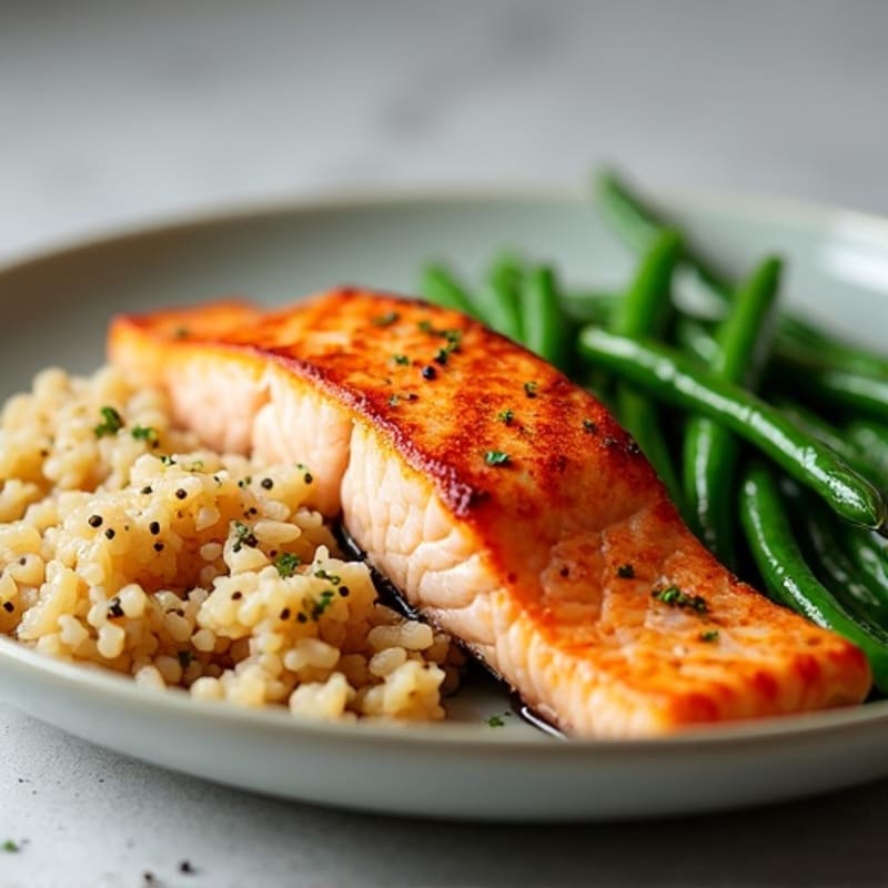 Seared Salmon Fillet with Steamed Green Beans and Brown Rice