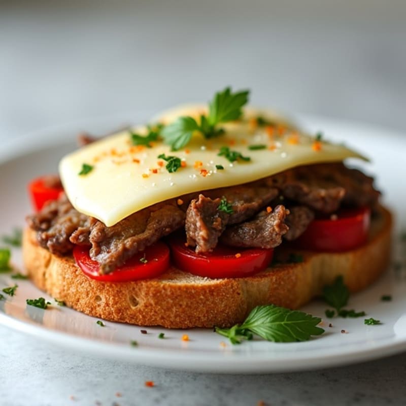 Lean Beef and Sautéed Pepper-Onion Open-Faced Sandwich with Creamy Provolone