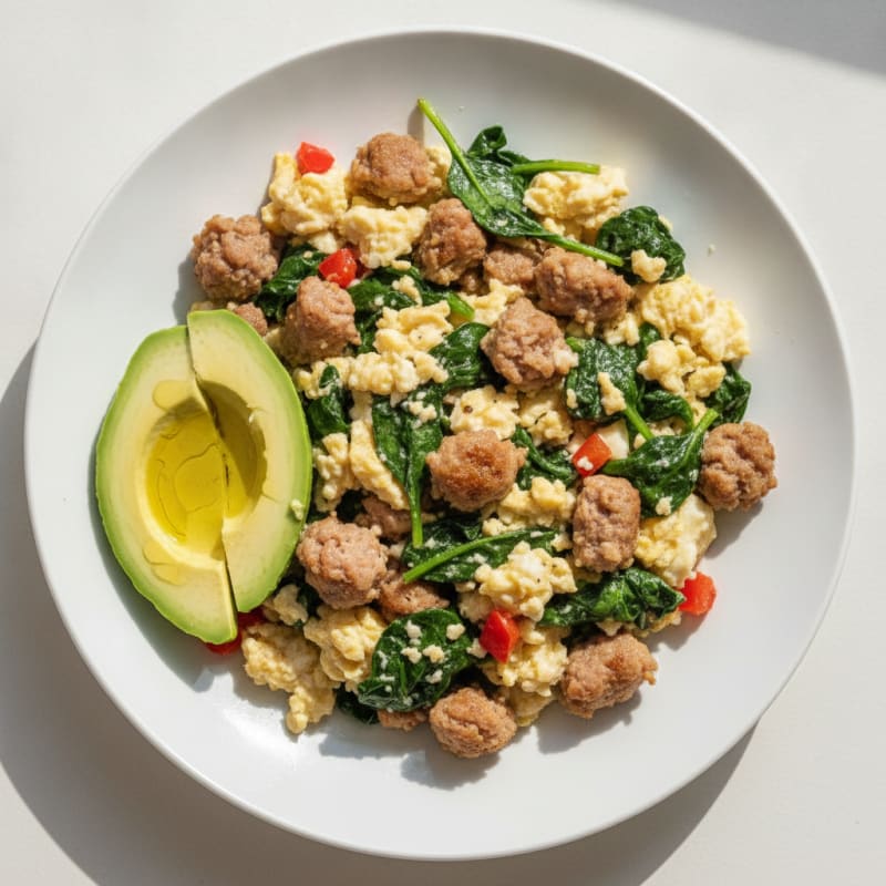 Egg White Scramble with Turkey Sausage and Sautéed Spinach
