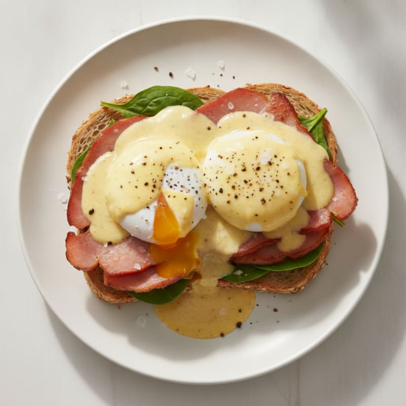 High Protein Eggs Benedict with Seared Ham