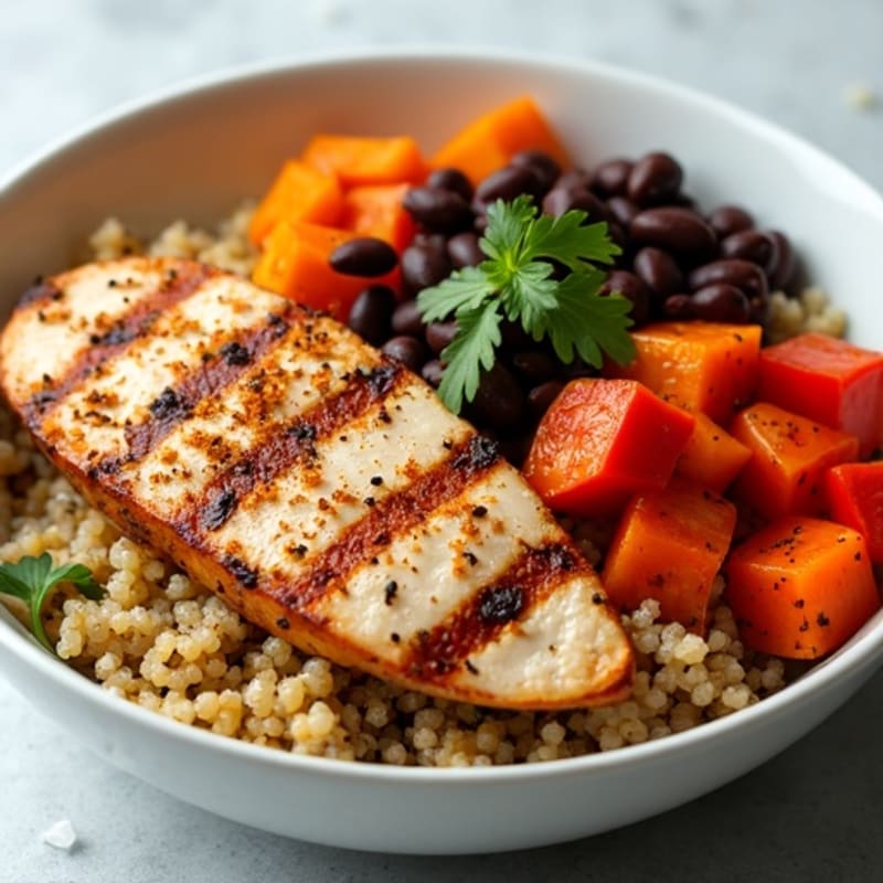 Spicy Black Bean Quinoa Bowl with Roasted Sweet Potatoes