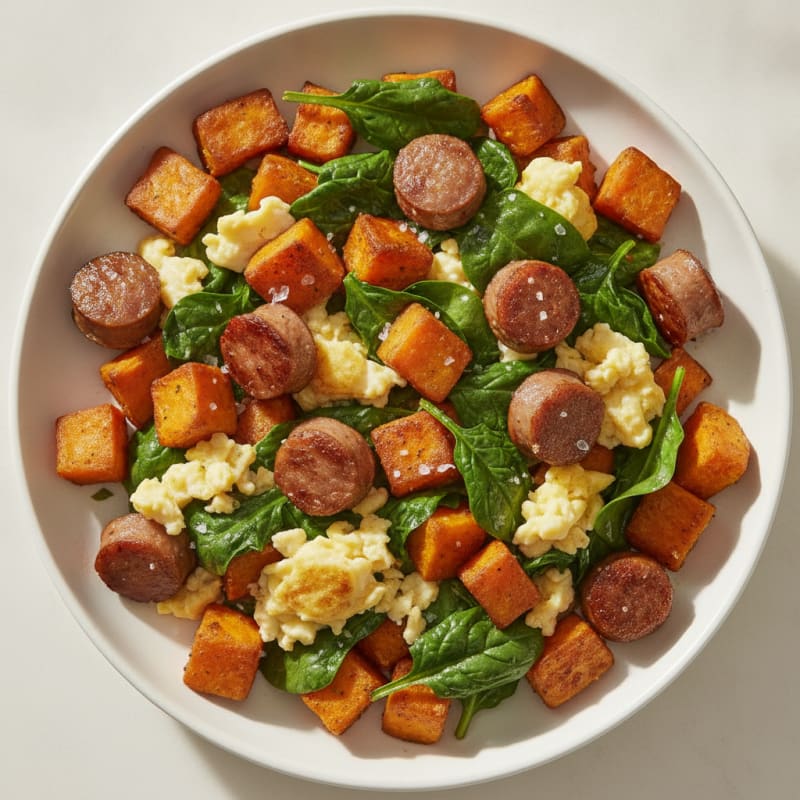 Egg White and Turkey Sausage Scramble with Spinach and Sweet Potato