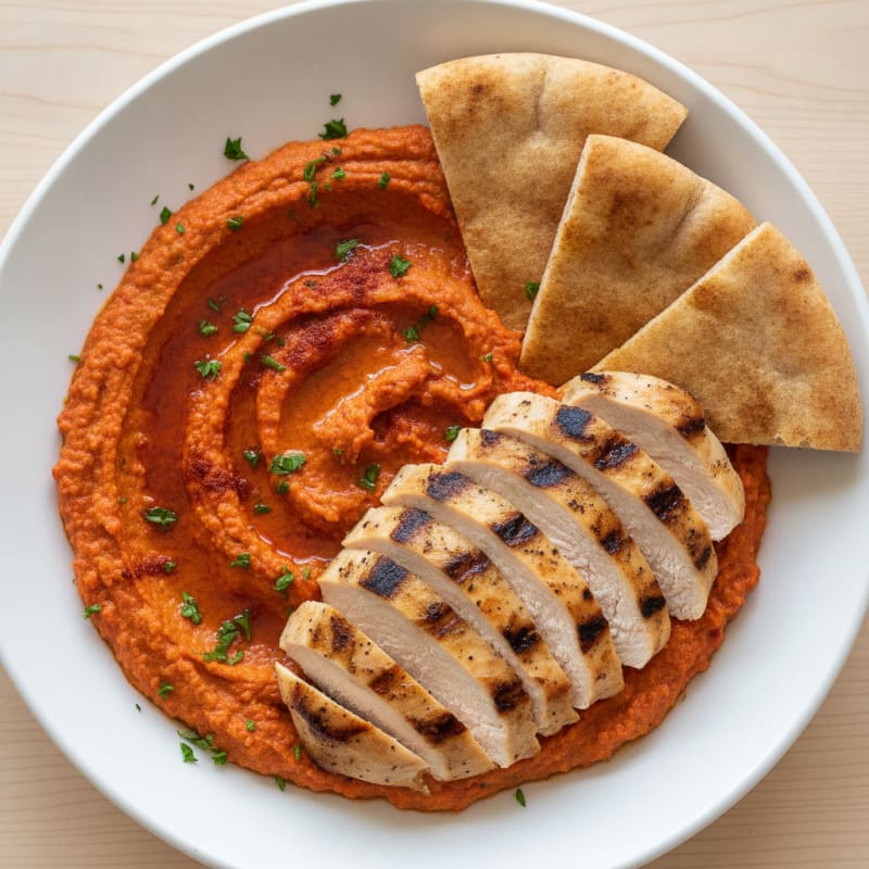Roasted Red Pepper Hummus with Toasted Pita and Grilled Chicken