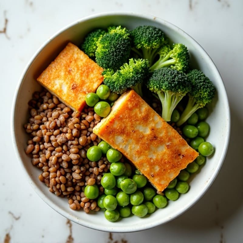 Crispy Tofu and Lentil Power Bowl with Roasted Broccoli