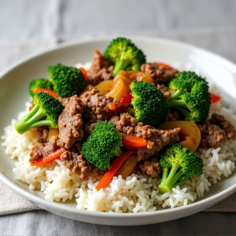 Ground Beef and Roasted Broccoli Stir Fry with Steamed Rice