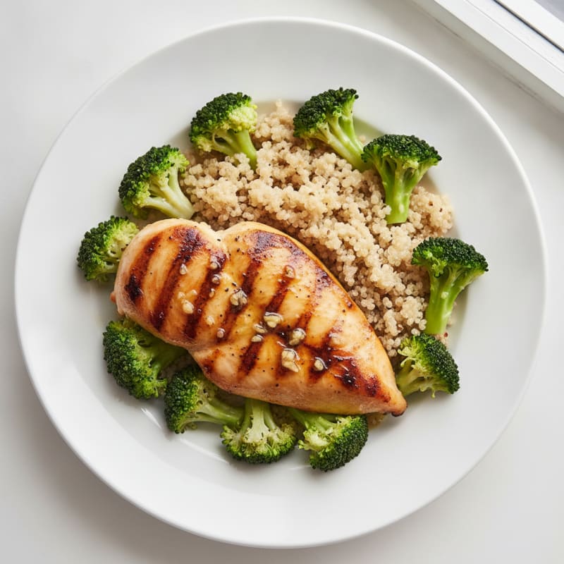 Grilled Lemon Garlic Chicken Breast with Quinoa and Steamed Broccoli