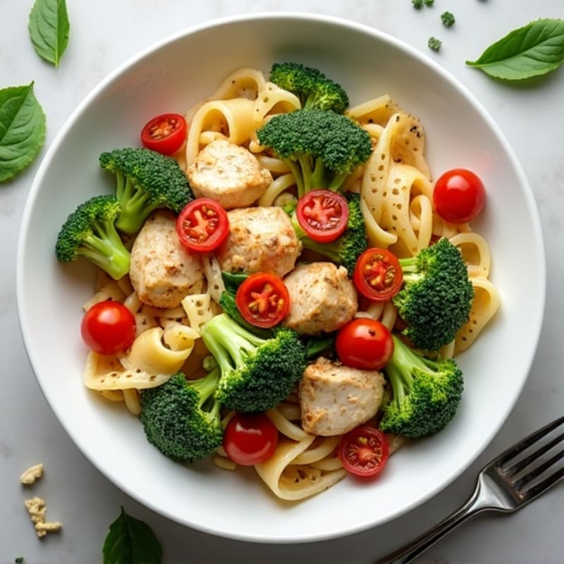 Chicken Pasta with Fresh Broccoli, Spinach, and Tomatoes