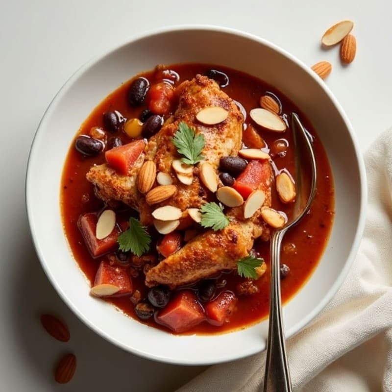Rich Cocoa-Spiced Chicken and Black Bean Chili with Crunchy Toasted Almonds
