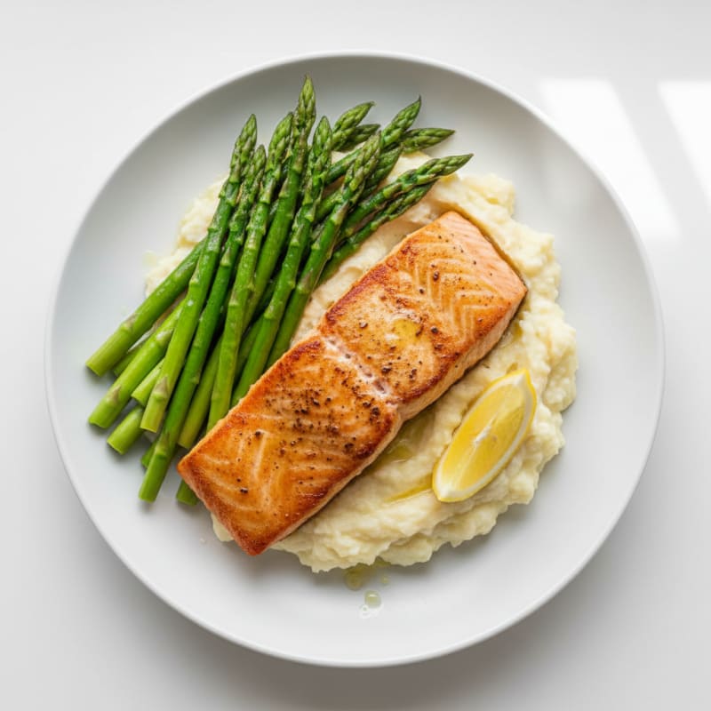 Seared Salmon with Steamed Asparagus and Cauliflower Mash
