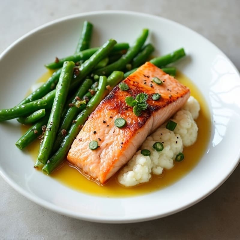 Seared Salmon Fillet with Garlic Green Beans and Cauliflower Mash