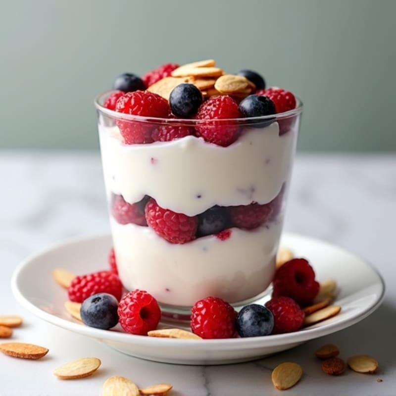 High Protein Greek Yogurt Parfait with Sliced Almonds and Berries