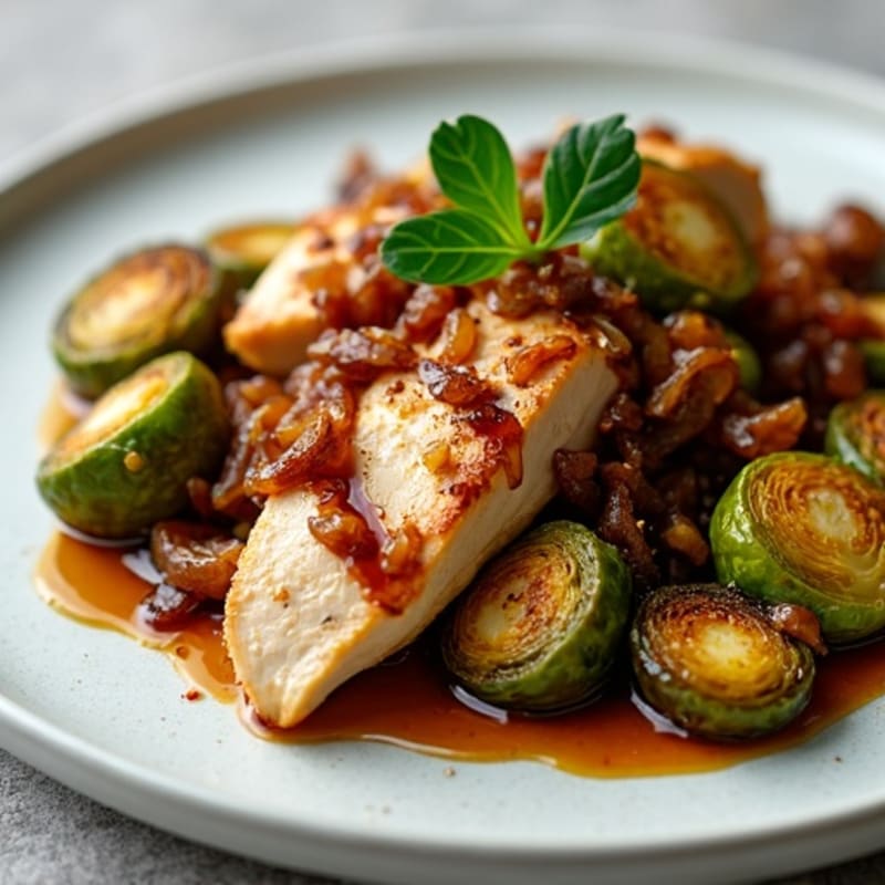 Honey-Balsamic Roasted Brussels Sprouts with Caramelized Onions and Chicken
