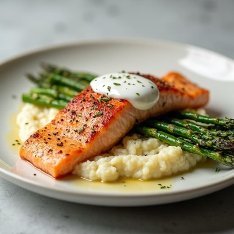 Seared Salmon with Roasted Asparagus and Cauliflower Mash