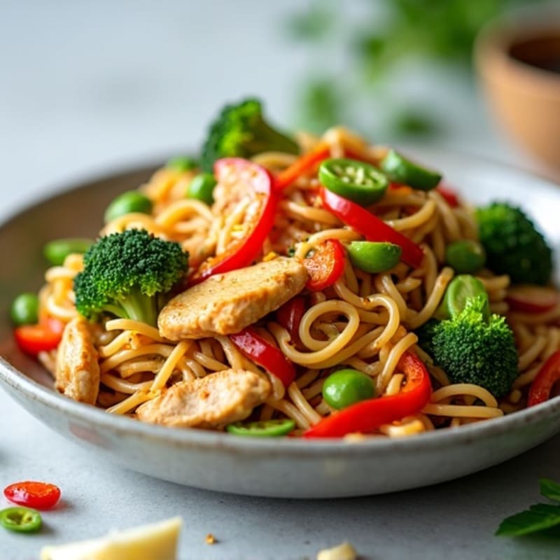 Garlic Ginger Chicken Noodle Stir-fry with Crisp Vegetables