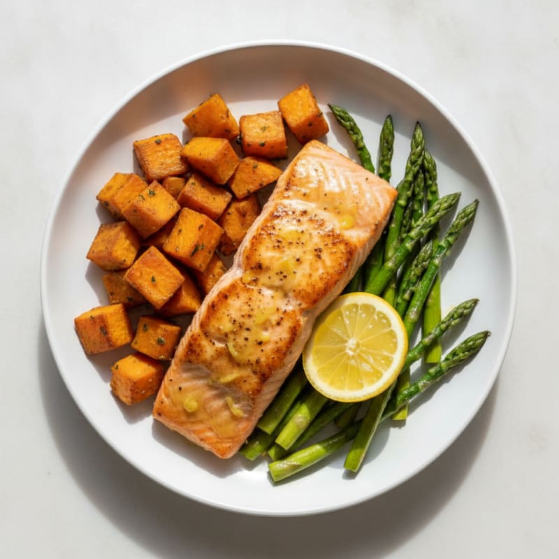 Seared Salmon with Roasted Sweet Potatoes and Asparagus