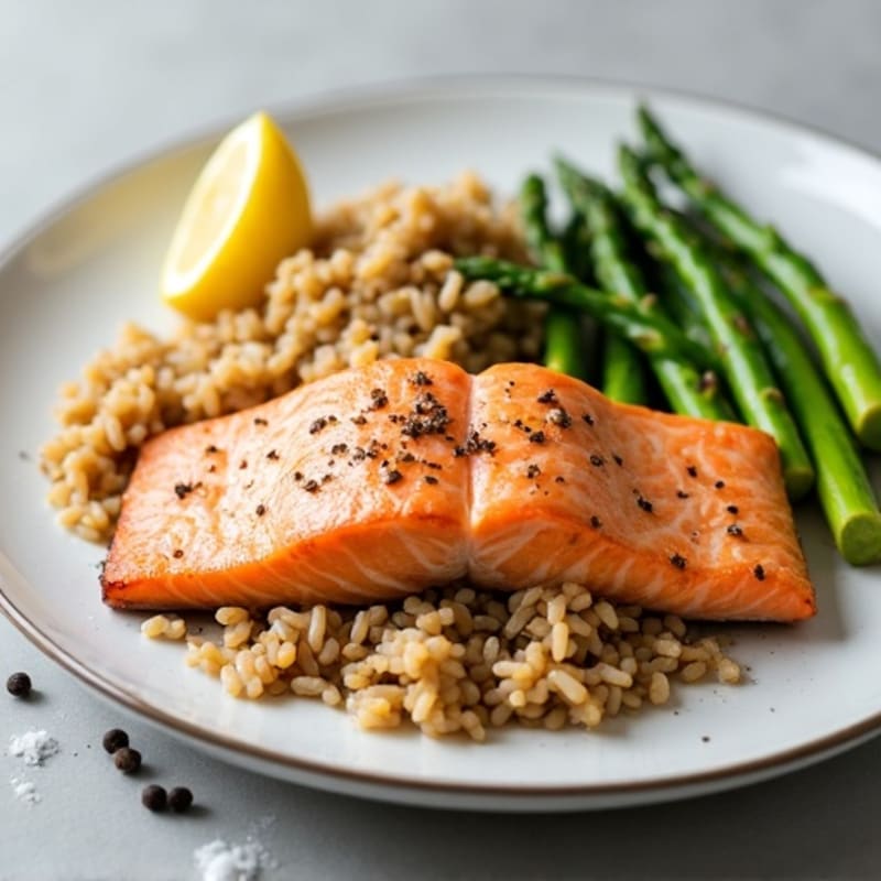 Seared Salmon Fillet with Steamed Asparagus and Brown Rice