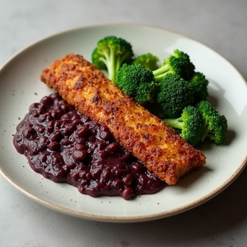 Seared Seitan Strips with Broccoli and Black Bean Mash