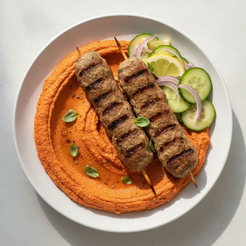 Lamb Kofta with Tomato Basil Hummus